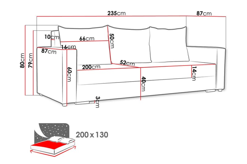 Banaso 3-sits Längsbäddad Bäddsoffa 130x200 cm med Förvaring i Sammet - Röd|Svart - Möbler - Soffa - Bäddsoffa