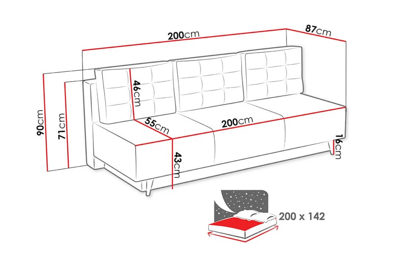 Bella Längsbäddad Bäddsoffa 142x200 cm med Förvaring i Tyg - Grå - Möbler - Soffa - Bäddsoffa