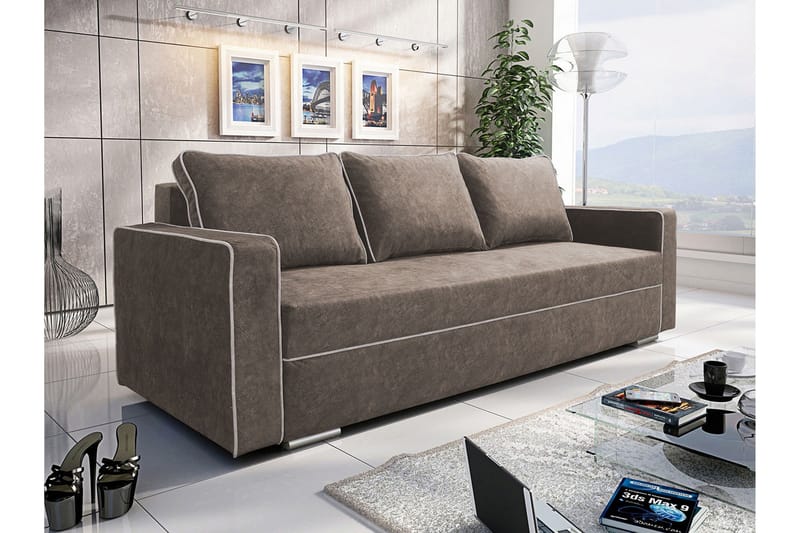 Beno 3-sits Längsbäddad Bäddsoffa 143x200 cm med Förvaring i Tyg - Brun - Möbler - Soffa - Bäddsoffa
