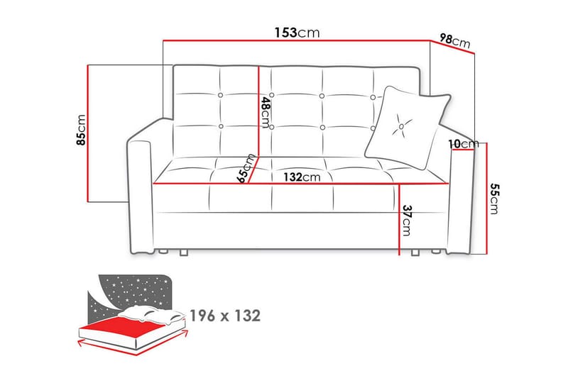 Bensbyn 2-sits Rektangulär Bäddsoffa 132x196 cm med Förvaring i Tyg - Grå - Möbler - Soffa - Bäddsoffa