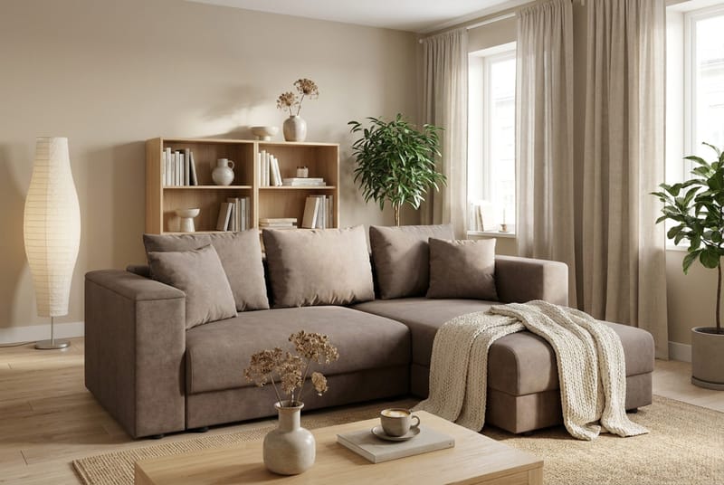 Bergen Extra djup 3-sits Bäddsoffa med Divan och Bäddmadrass i Polyesterskum och Tvättbar klädsel - Brun - Möbler - Soffa - Bäddsoffa
