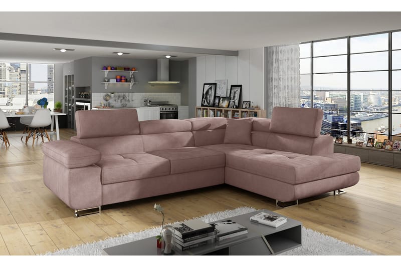 Bobis 3-sits Höger L-formad Hörnbäddsoffa med Schäslong i Plysch, Rosa