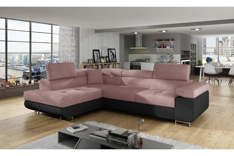 Bobis Bäddsoffa med Schäslong Vänster, Rosa/Svart