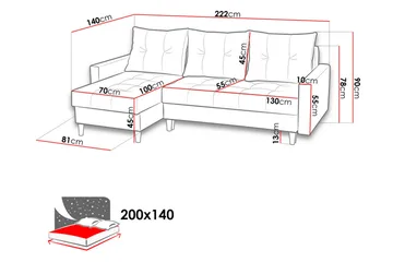 Bodo Divanbäddsoffa 222x140x90 cm - Röd - Möbler - Soffa - Bäddsoffa