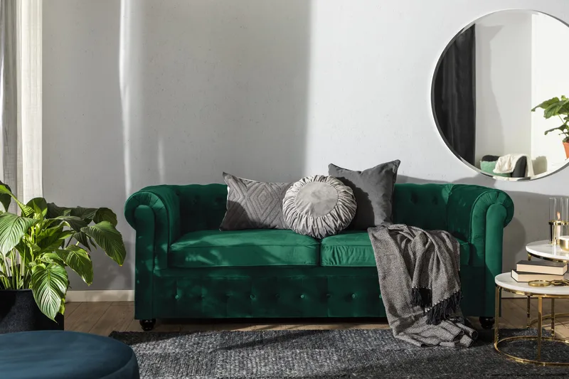 Chesterfield Lyx 3-sits Framåtbäddad bäddsoffa i sammet - Grön - Möbler - Soffa - Bäddsoffa