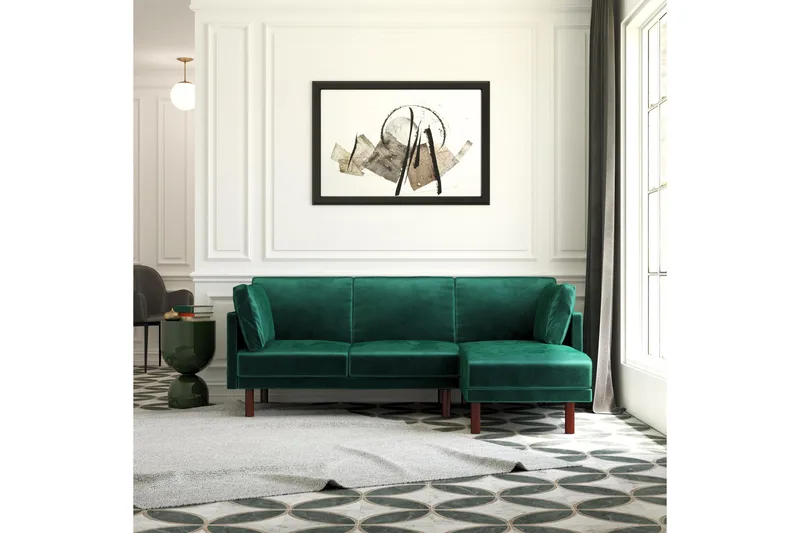 Clair 3-sits Bäddsoffa med Schäslong Ställbar Sammet/Grön/Tr - Dorel Home - Möbler - Soffa - Bäddsoffa - Bäddsoffa divan