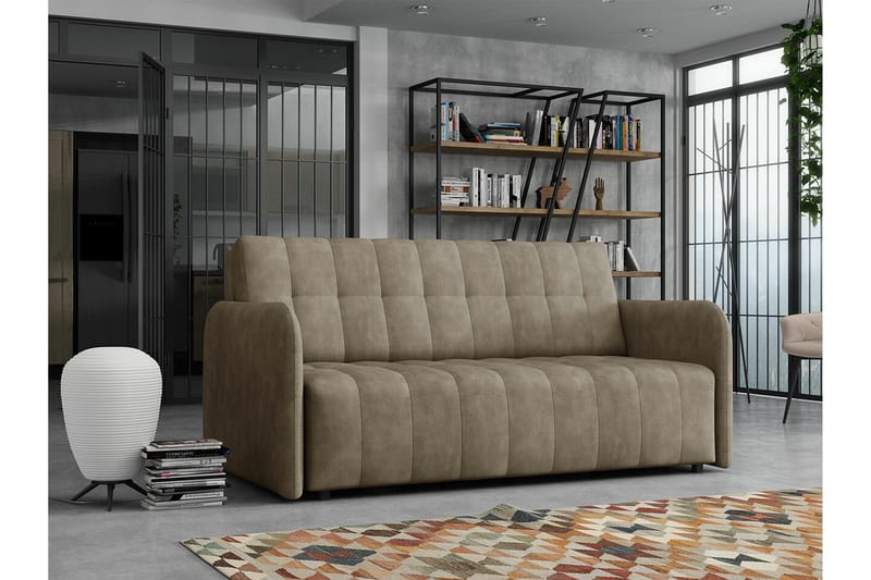 Denegal 3-sits Framåtbäddad Bäddsoffa 152x196 cm med Förvaring i Tyg - Taupe - Möbler - Soffa - Bäddsoffa