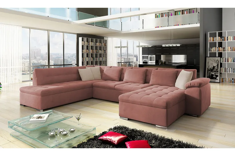 Dynir Bäddsoffa m. Divan och Schäslong 4-sits med Förvaring, Rosa