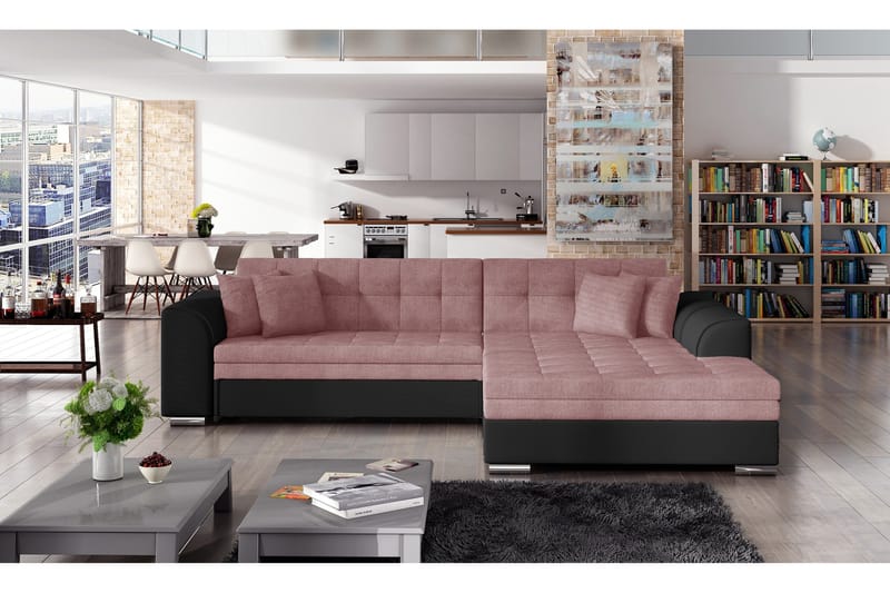 Falseti 3-Sits L-Formad Bäddsoffa Längsbäddad 125 cm i Tyg och Läder, Rosa|Svart