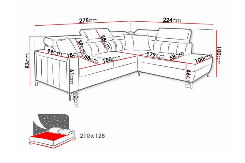 Galbally 3-sits Hörnbäddsoffa Höger 275x224 cm med Förvaring i Sammet - Mörkblå - Möbler - Soffa - Bäddsoffa