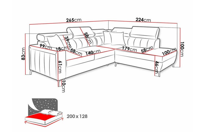 Galbally 3-sits Hörnbäddsoffa Vänster 265x224 cm med Förvaring i Sammet - Mörkblå - Möbler - Soffa - Bäddsoffa