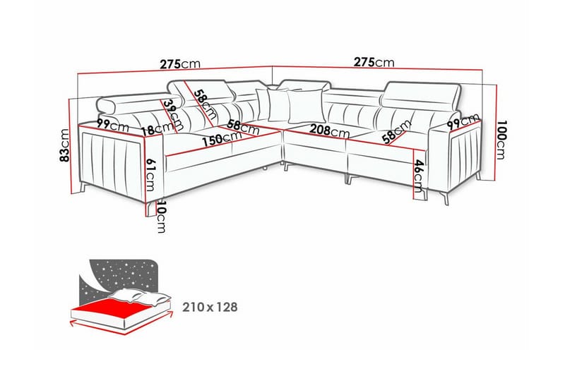 Galbally 4-sits Vänster L-formad Bäddsoffa med Förvaring i Sammet - Blå - Möbler - Soffa - Bäddsoffa