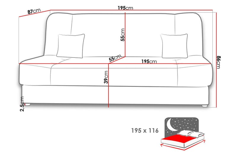 Jonas Bäddsoffa 195x87x86 cm - Röd/svart - Möbler - Soffa - Bäddsoffa