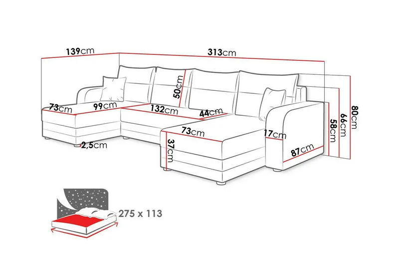Kintore 4-sits U-formad Hörnbäddsoffa 113x275 cm med Förvaring i Tyg - Grå - Möbler - Soffa - Bäddsoffa