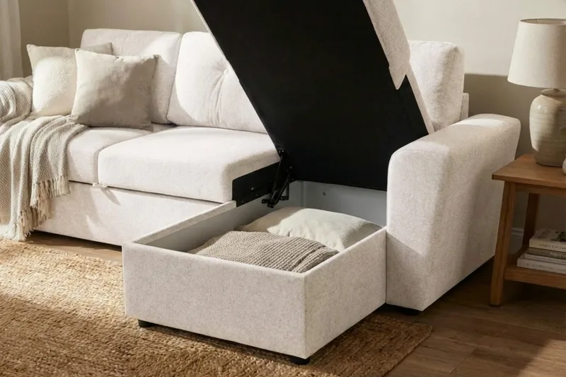 Leia 3-sits vändbar Bäddsoffa med divan och förvaring - Beige - Möbler - Soffa - Bäddsoffa