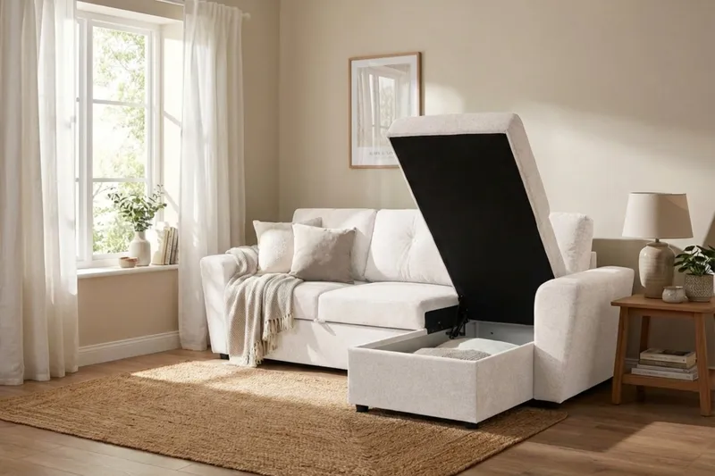 Leia 3-sits vändbar Bäddsoffa med divan och förvaring - Beige - Möbler - Soffa - Bäddsoffa