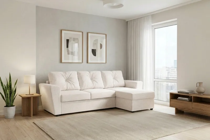 Leia 3-sits vändbar Bäddsoffa med divan och förvaring - Beige - Möbler - Soffa - Bäddsoffa