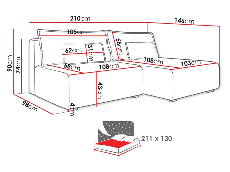Lorynn 3-sits Bäddsoffa med divan - grå - Möbler - Soffa - Bäddsoffa