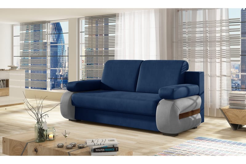 Madrido 2-sits Längsbäddad Bäddsoffa 142x196 cm med Förvaring i Plysch, Marinblå