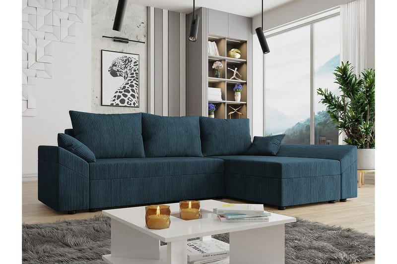 Midfeld 3-sits L-formad Hörnbäddsoffa med Förvaring i Tyg - Blå - Möbler - Soffa - Bäddsoffa