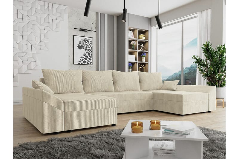 Midfeld 4-sits U-formad Hörnbäddsoffa med Förvaring i Tyg - Beige - Möbler - Soffa - Bäddsoffa