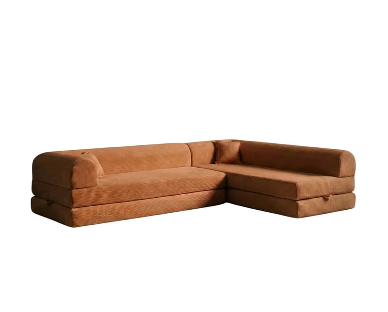 Pento L-formad Ribbad Hörnbäddsoffa 190x280 cm i Tyg, Terrakotta