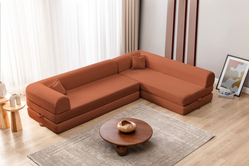 Pento L-formad Ribbad Hörnbäddsoffa 190x280 cm i Tyg - Terrakotta - Möbler - Soffa - Bäddsoffa