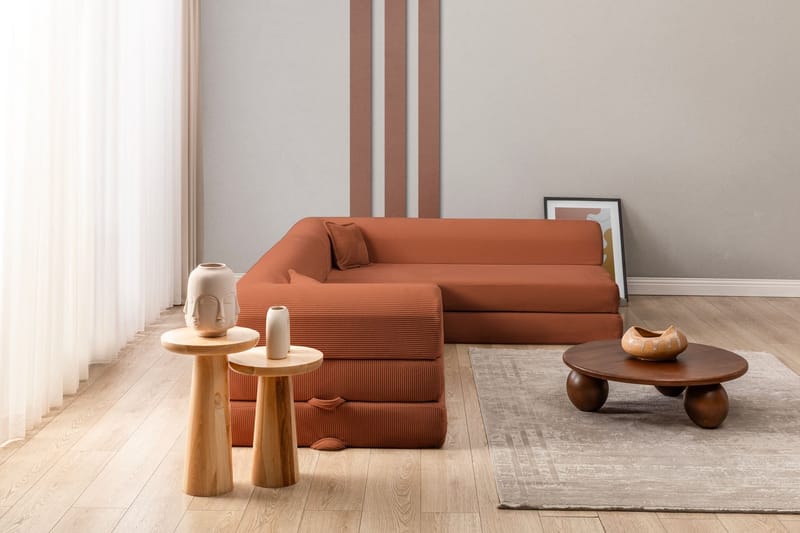 Pento L-formad Ribbad Hörnbäddsoffa 190x280 cm i Tyg - Terrakotta - Möbler - Soffa - Bäddsoffa