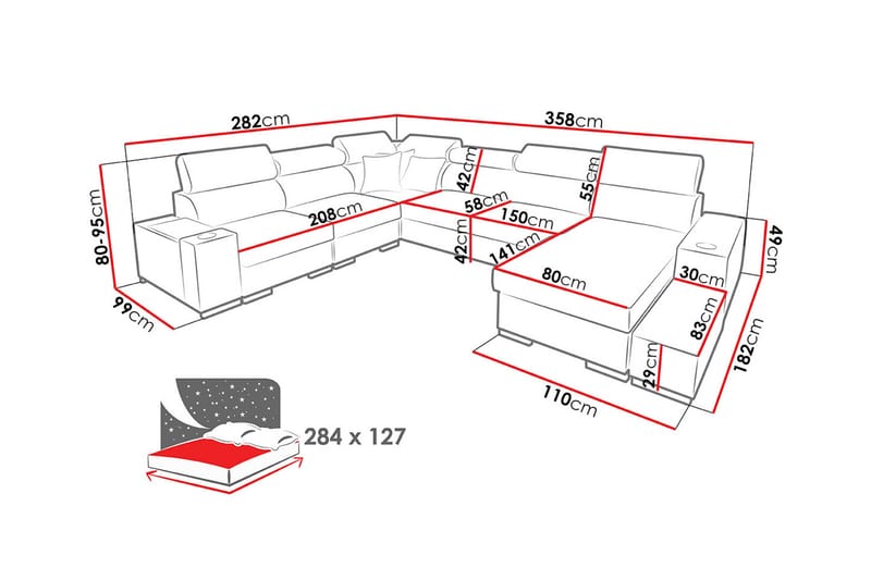 Perseo Divanbäddsoffa 358x282x95 cm LED-belysning - Grå/Vit - Möbler - Soffa - Bäddsoffa