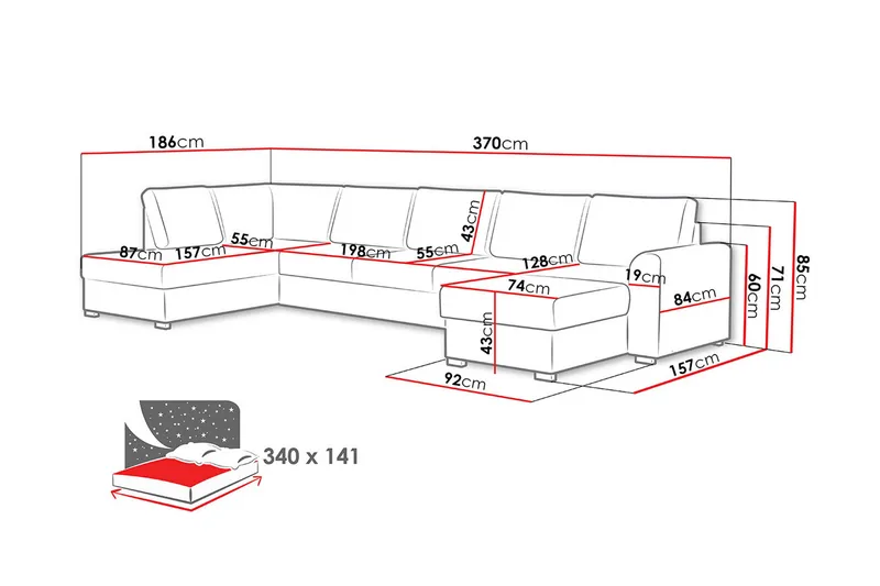 Wilma Bäddbar Längsbäddad Bäddsoffa 141x340 cm med Förvaring i Tyg - Grå - Möbler - Soffa - Bäddsoffa