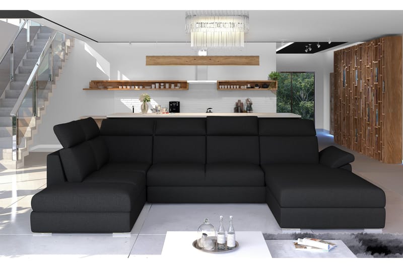 Zoana U-formad Bäddsoffa 125x265 cm med Förvaring i Tyg, Svart