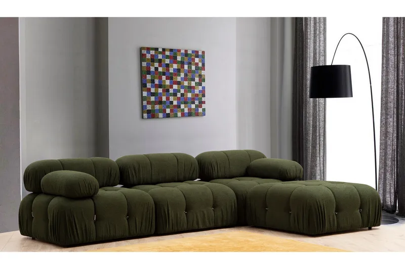 Belgin Bubblig Divansoffa 3-sits 288 cm med fasta armstöd och repdetaljer, Grön