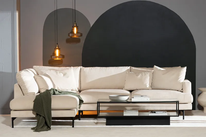 Menard 4-sits Vänstervänd L-formad Schäslongsoffa + Fotpall i Manchester - Beige - Möbler - Soffa - Divansoffor & schäslongsoffa - 3 sits soffa med divan