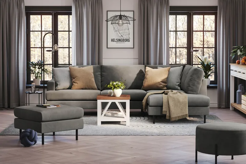 Menard Compact 4-sits Högervänd L-formad Schäslongsoffa i Manchester - Grå - Möbler - Soffa - Divansoffor & schäslongsoffa