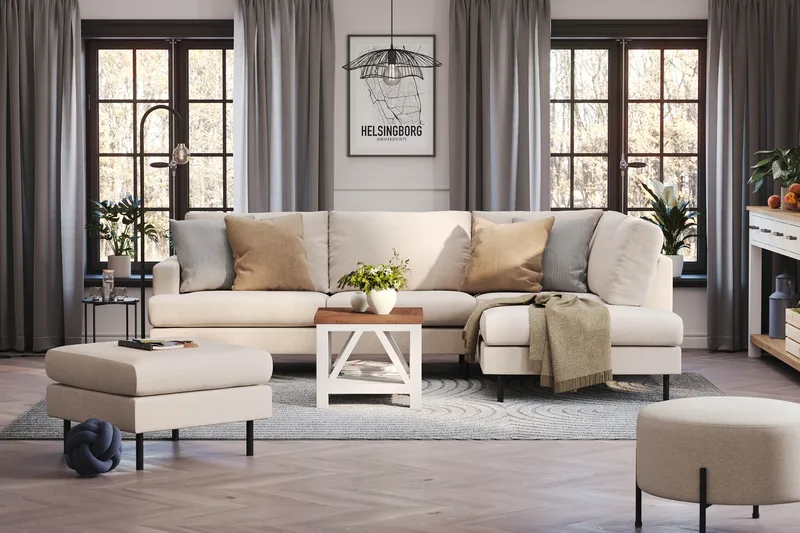Menard Compact 4-sits Högervänd L-formad Schäslongsoffa i Tyg - Beige - Möbler - Soffa - Divansoffor & schäslongsoffa