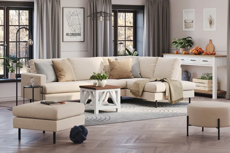 Menard Compact 4-sits Högervänd L-formad Schäslongsoffa i Tyg - Beige - Möbler - Soffa - Divansoffor & schäslongsoffa