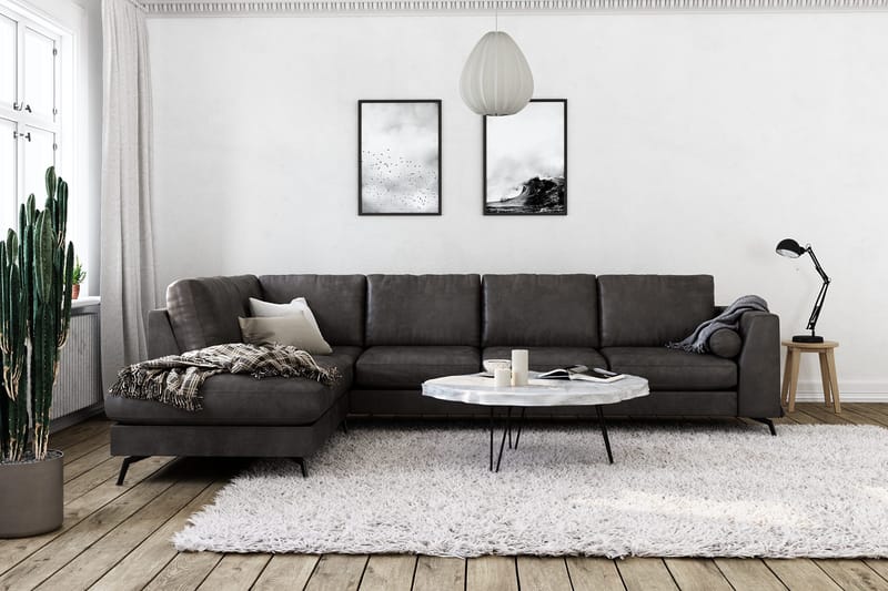 Ocean Lyx 4-sits Vänstervänd L-formad Schäslongsoffa i Konstläder - Mörkgrå - Möbler - Soffa - Divansoffor & schäslongsoffa