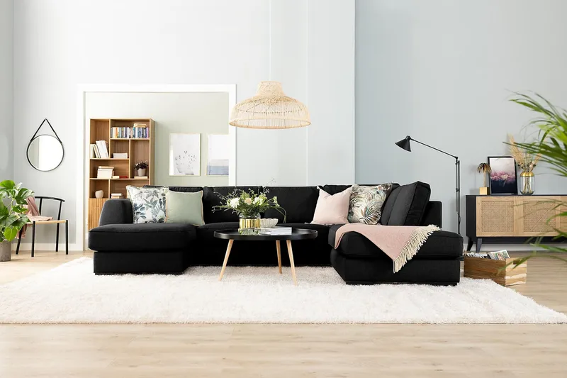 Optus 3-sits Vändbar L-formad Divansoffa i Tyg - Svart - Möbler - Soffa - Divansoffor & schäslongsoffa