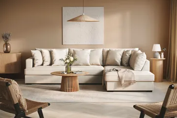 Rossita 4-sits Högervänd L-formad Djup Schäslongsoffa i Tyg - Beige - Möbler - Soffa - Divansoffor & schäslongsoffa