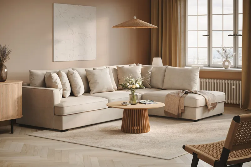 Rossita 4-sits Högervänd L-formad Djup Schäslongsoffa i Tyg - Beige - Möbler - Soffa - Divansoffor & schäslongsoffa