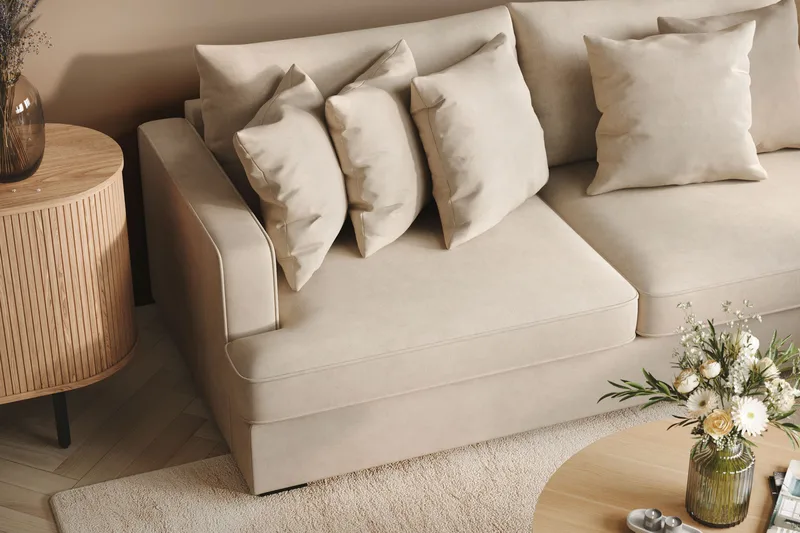 Rossita 4-sits Högervänd L-formad Djup Schäslongsoffa i Tyg - Beige - Möbler - Soffa - Divansoffor & schäslongsoffa