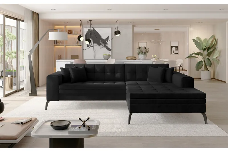 Solangis 4-sits Höger L-formad Bäddsoffa med Divan i Sammet, Svart