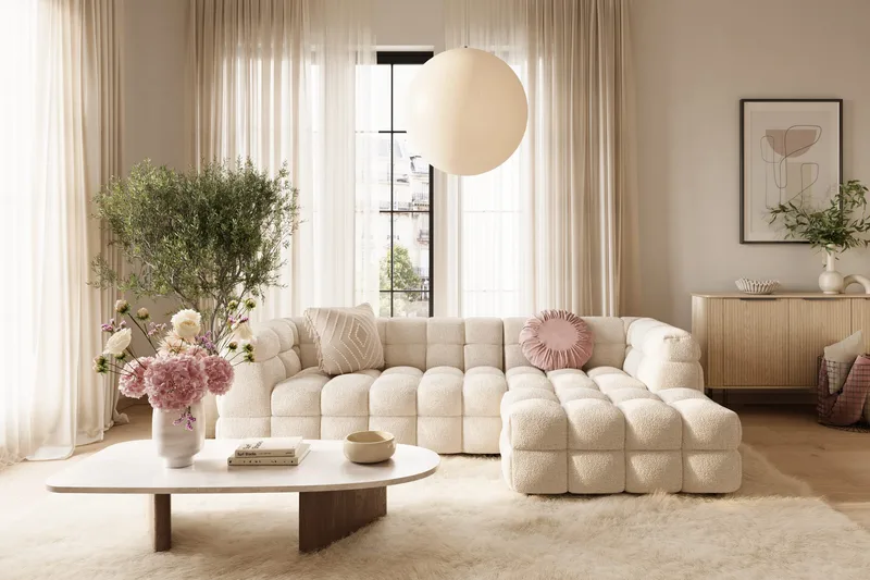 Elise 4-sits Högervänd L-formad Bubblig Divansoffa 274 cm i Bouclé - Gräddvit - Möbler - Soffa - Divansoffor & schäslongsoffa