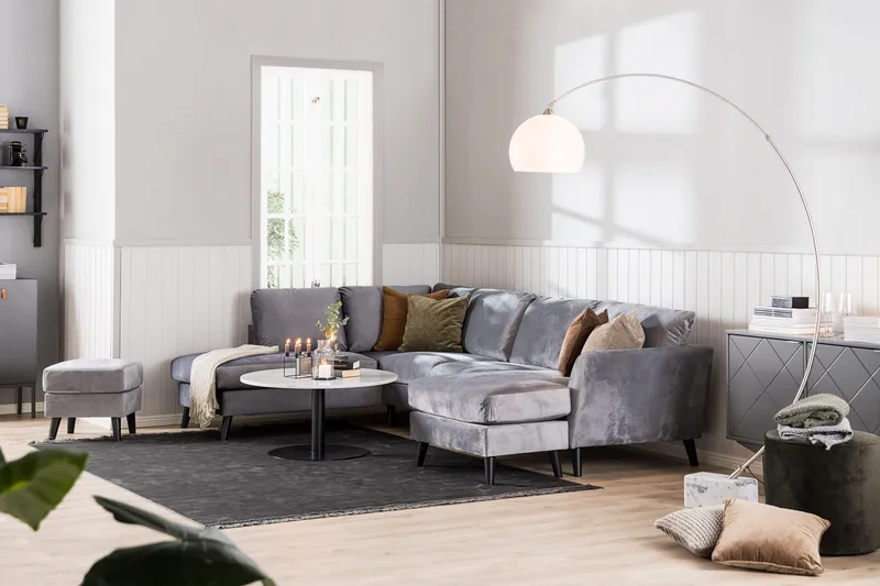 Trend 5-sits Högervänd L-formad Hörnsoffa med Divan i Sammet - Ljusgrå - Möbler - Soffa - Hörnsoffa - Hörnsoffa med divan