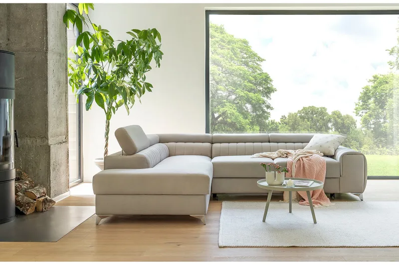 Laurece 4-sits Högervänd L-formad Bäddsoffa 125x210 cm i Sammet - Beige - Möbler - Soffa - Bäddsoffa