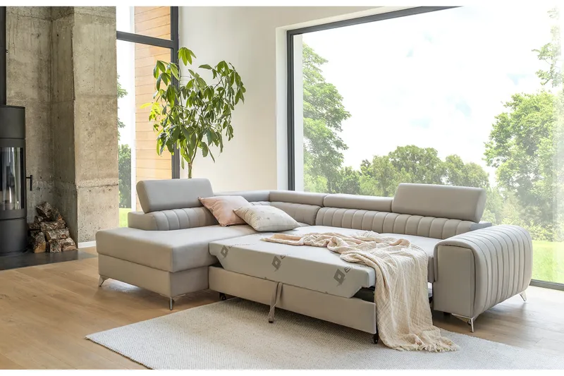 Laurece 4-sits Högervänd L-formad Bäddsoffa 125x210 cm i Sammet - Beige - Möbler - Soffa - Bäddsoffa