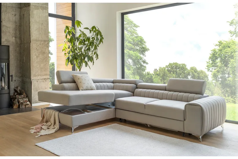 Laurece 4-sits Högervänd L-formad Bäddsoffa 125x210 cm i Sammet, Beige