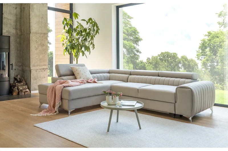 Laurece 4-sits Högervänd L-formad Bäddsoffa 125x210 cm i Sammet - Beige - Möbler - Soffa - Bäddsoffa