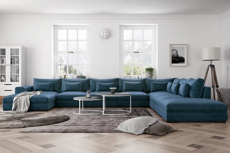 Dubai U-modulsoffa Large med Divan Vänster Sammet Extra Djup - Blå - Möbler - Soffa - Modulsoffor - Komplett modulsoffa