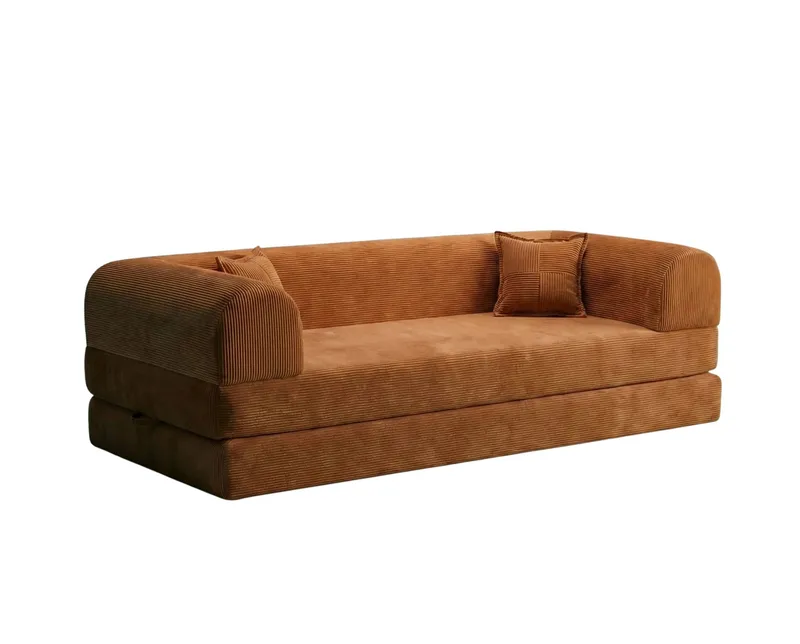 Pento 3-sits Ribbad Bäddsoffa i Tyg, Cognac
